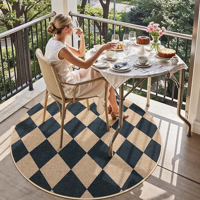 Lahome Checkered Round Entryway Rug 4ft, Circle Indoor Outdoor Patio Rug - Image 6