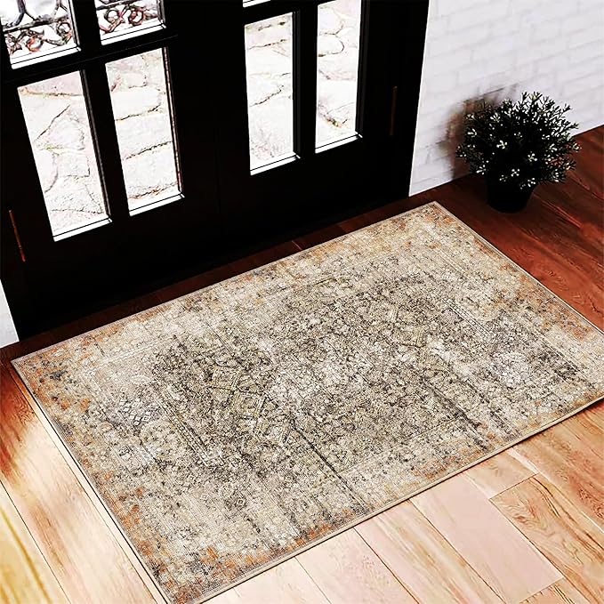 Area Rug 2'x3' Washable Door Mat Vintage Distressed Taupe Doormat Indoor by CHAMPLANT