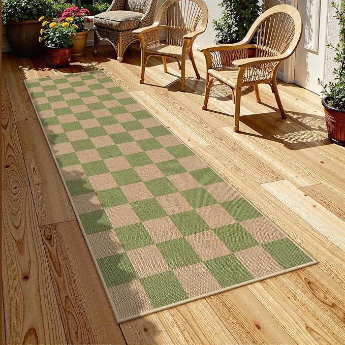 Lahome Checkered Entryway Runner Rug, 2x8 Green Washable Rug Runners - Image 6