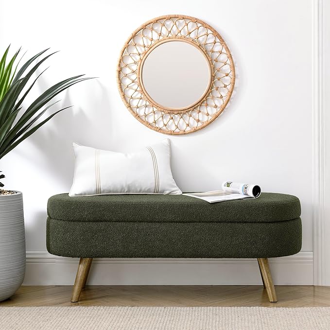 Oval Storage Bench 43.5" Linen Fabric Upholstered Entryway Bench by ECLYLFurniture