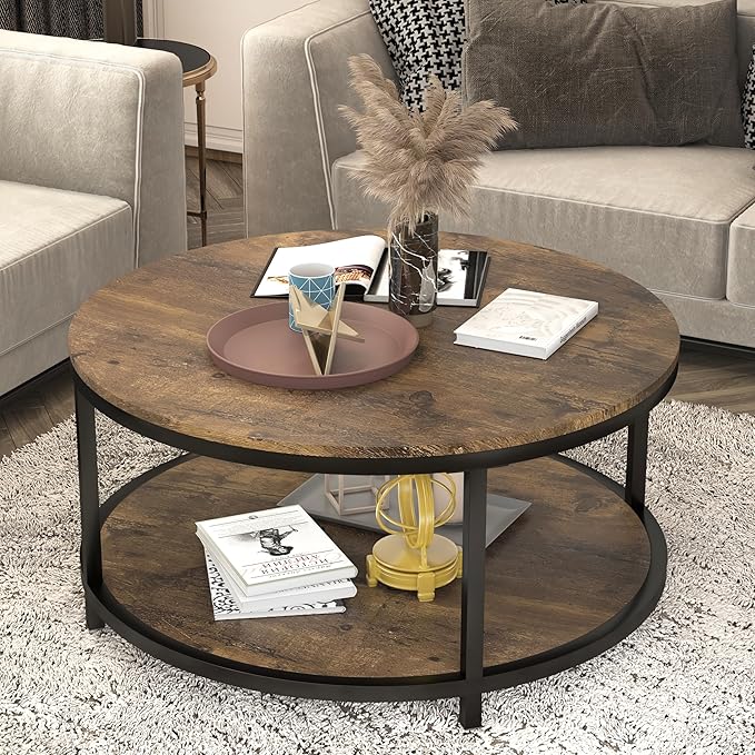 NSdirect 36 inches Round Coffee Table, Rustic Wooden Surface Top & Sturdy Metal by NSdirect