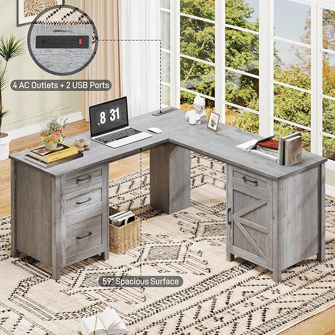 59” L Shaped Executive Desk with Power Outlets, Farmhouse Home Office Desk - Image 5