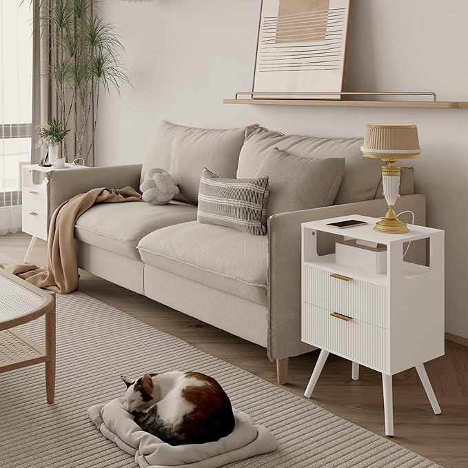 White Nightstand with Charging Station and LED Lights, Modern Bedside Table - Image 3