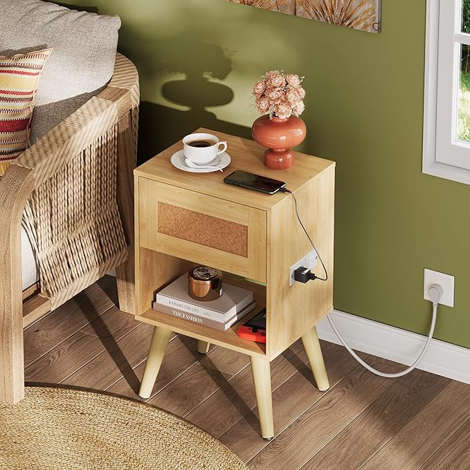 WLIVE Rattan Nightstand with Charging Station, Boho Night Stand, Small Bedroom - Image 7