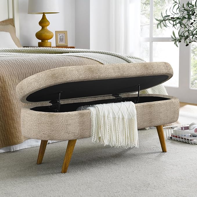 Oval Storage Bench 43.5" Linen Fabric Upholstered Entryway Bench by ECLYLFurniture