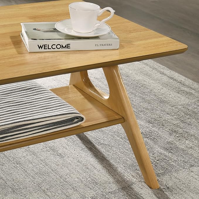 Roundhill Furniture Arona Mid-Century Modern Wood Shelf Coffee Table, Natural - Image 5