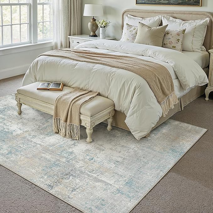 6x9 Washable Area Rug Blue Cream Modern Neutral Abstract Living Room Bedroom by WondRg