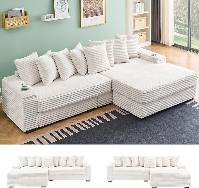 KEIKI 114" Corduroy Sofa with Cup Holders & Storage, L Shaped Sleeper Cloud by Unknown