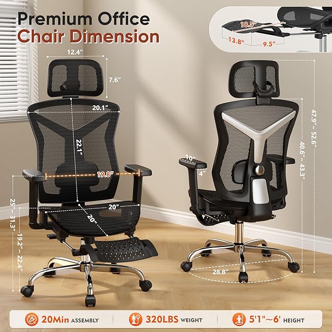 Ergonomic Office Chair with Foot Rest, Home Mesh Desk Chair with Adjustable - Image 2