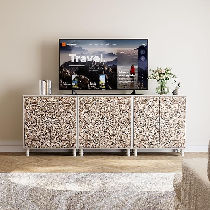 COSIEST Set of 3 32" Accent Storage Cabinets, Vintage Lotus Pattern Sideboards by COSIEST