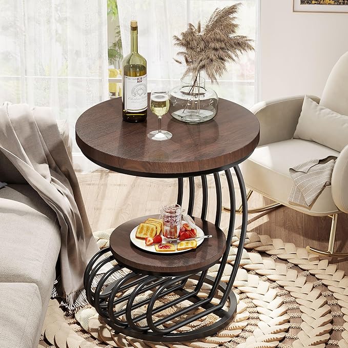 Tribesigns Round End Side Table: 2 Tiers Side Table Set of 2, Vintage End Table - Image 3