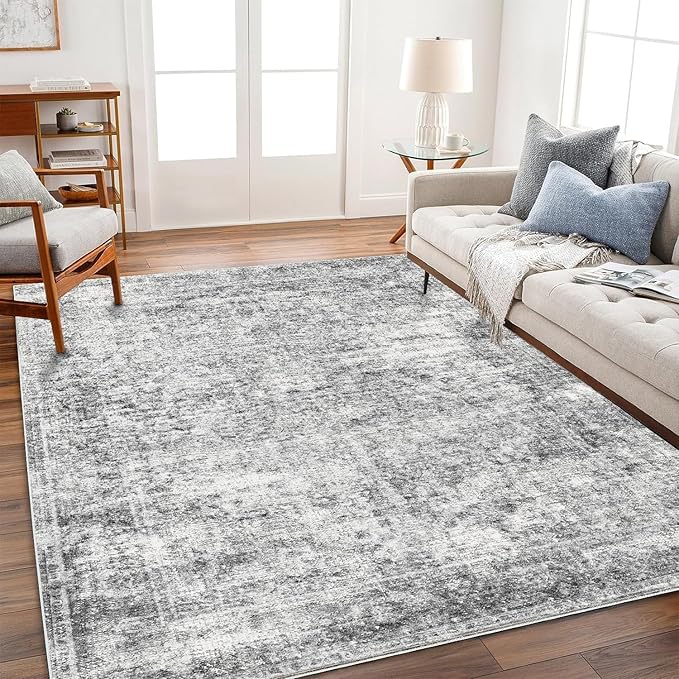 Area Rug 10x14 Washable Gray Vintage Traditional Mat Distressed Indoor Foldable by CHAMPLANT