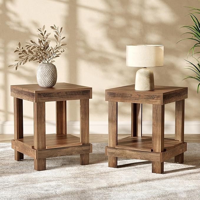 LITTLE TREE End Table Set of 2, All Wooden 2-Tier Square Side Table - Image 4
