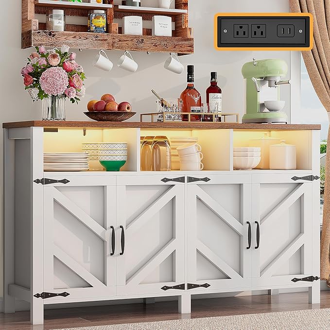 Buffet Sideboard with Storage with Power Outlets & LED Light 4 Doors, Dining by KNOWORLD
