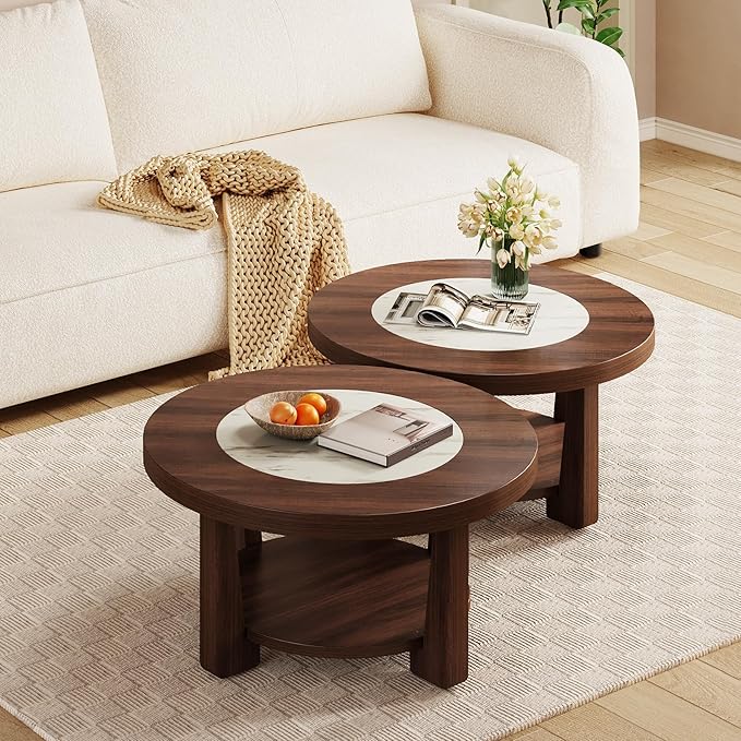 LITTLE TREE Modern Round Coffee Table, 2-Tier Wood Coffee Table - Image 4