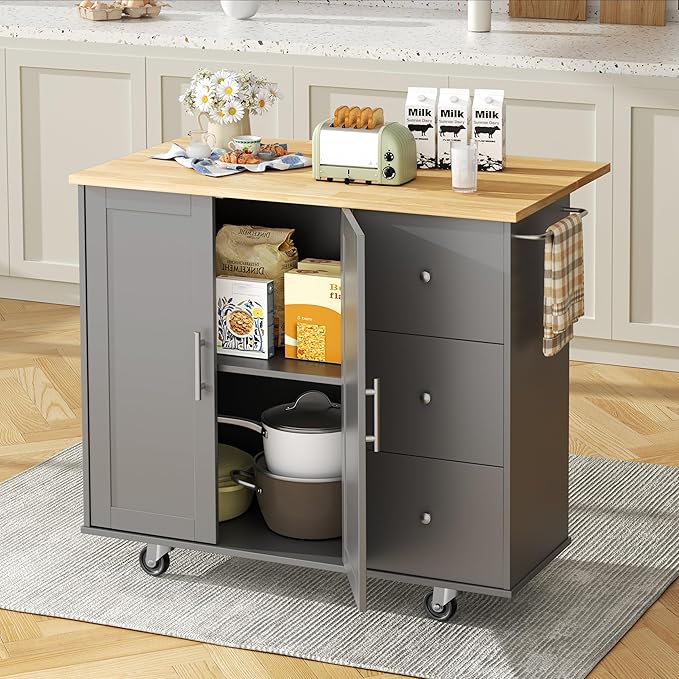 Shintenchi Kitchen Island with Folding Drop Leaf, Rolling Island Table with - Image 2