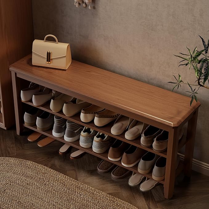 Wood Shoe Rack Bench for Entryway, 2 Tier Shoe Rack for Front Door Entrance by AQIMUELE-Solidwoodfurniture