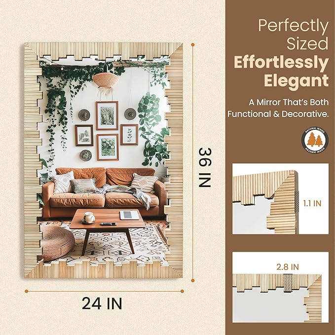 Boho Wall Mirror with Wood Frame, Living Room - Image 2