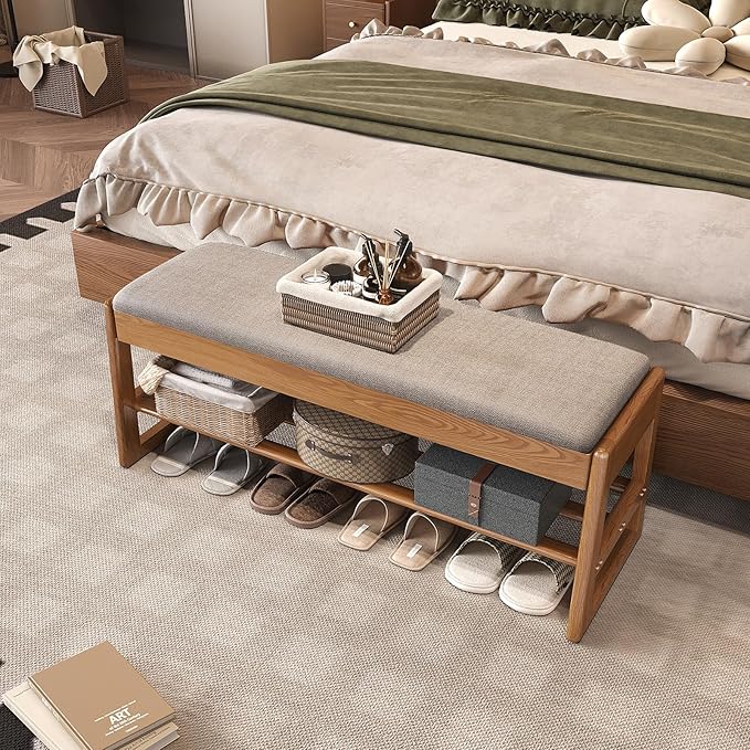 Shoe Rack Bench with Cotton-Linen Cushion 2-Tier Wooden Storage Bench 550lbs - Image 9