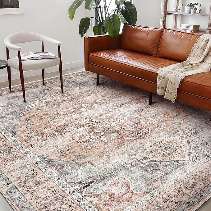 Area Rug 6'x9' Light Cyan and Light red Washable Vintage Traditional Floor - Image 3