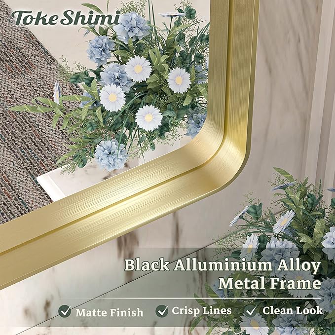 TokeShimi Gold Bathroom Mirror for Wall 24 x 36 Inch Metal Rounded Corner - Image 3