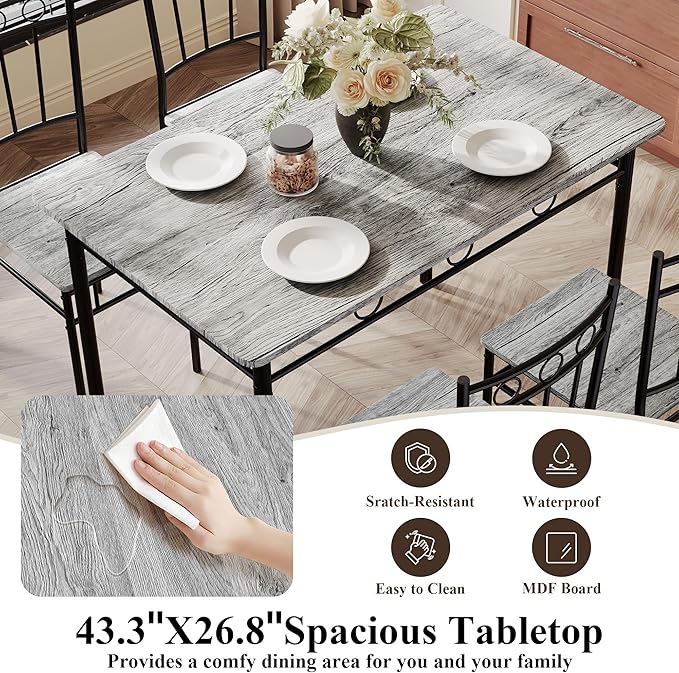 5 Piece Dining Table Set, Modern Metal&Wood Kitchen Dinner Table - Image 6