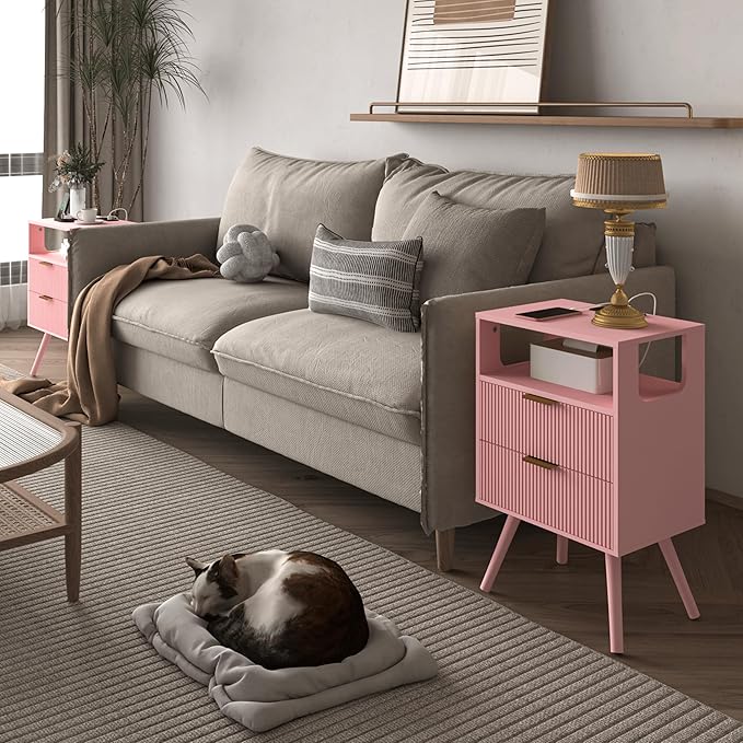 Pink Nightstand with Charging Station and LED Lights, Modern Bedside Table with - Image 3