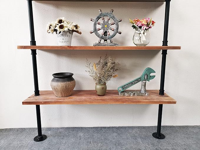 7 Tier Industrial Wall Mounted Ladder Shelf Bookcase, Rustic Wood Metal Pipe - Image 6