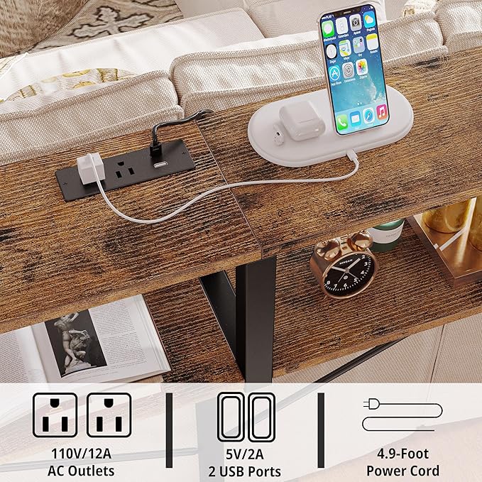 IRONCK Console Table with Power Outlet, Long Sofa Table with Shelves and - Image 5