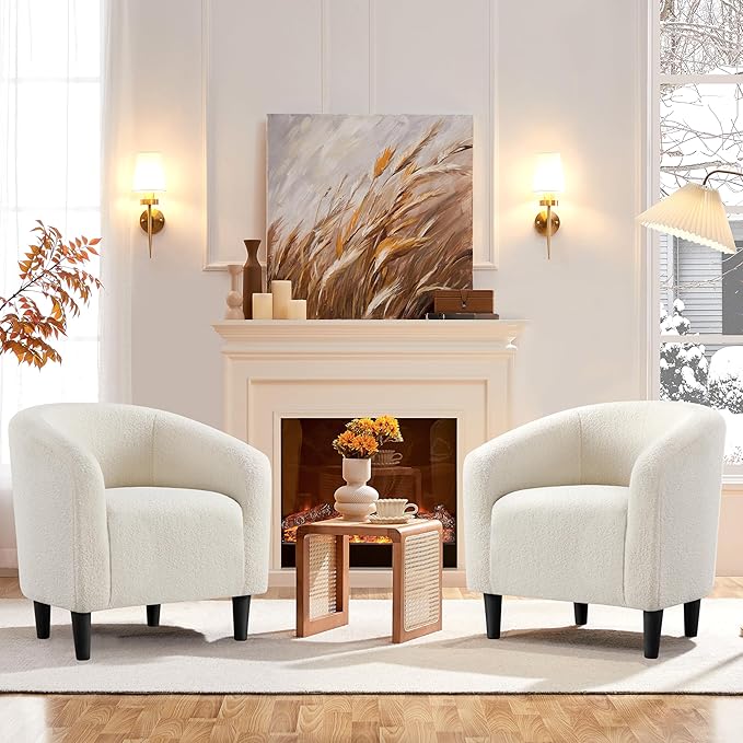 Yaheetech Accent Barrel Chair, Boucle Fabric Club Chair, Furry Sherpa Elegant - Image 2
