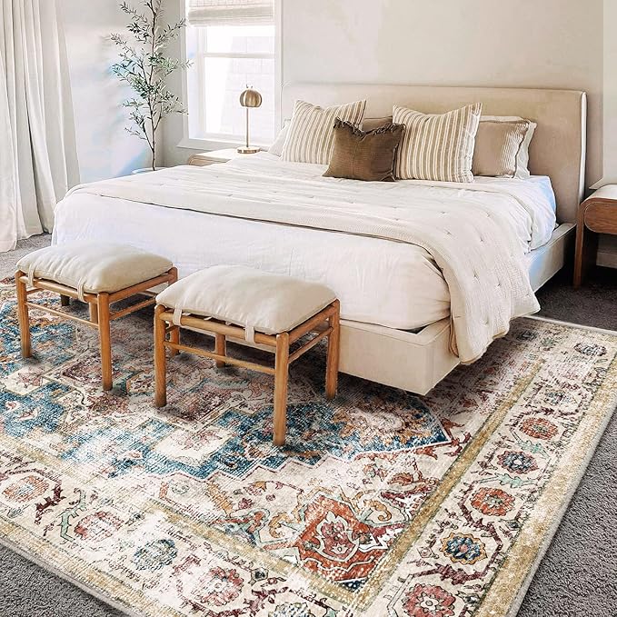 Washable Area Rug 10'x14' Beige Blue Boho Chic Medallion Distressed Design - Image 3