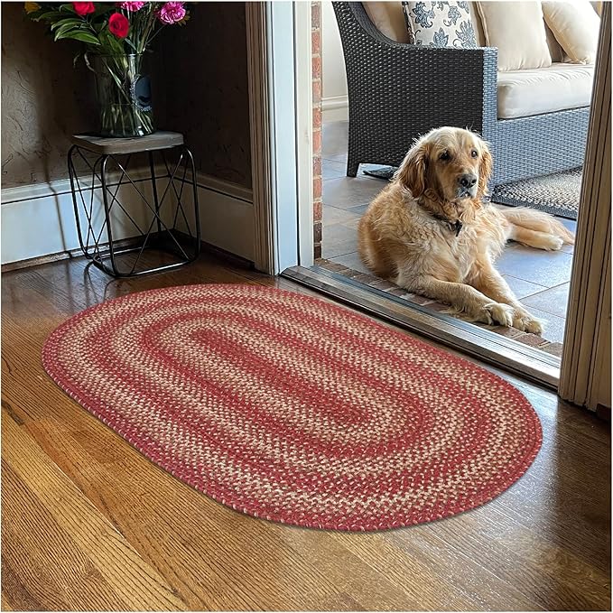 Homespice 27x45” Red Oval Braided Rug. Apple Pie Red Jute Oval Rug. Uses- by Homespice