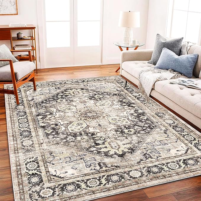 Washable Area Rug 10'x14' Black-Purple Khaki Retro Flowers Boho Design - Image 3