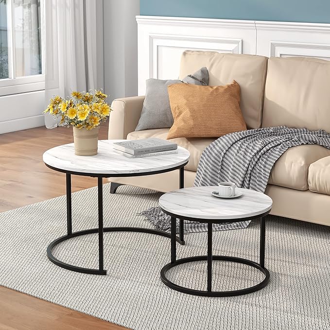 Nesting Round Coffee Table Set of 2 End Tables by HOJINLINERO