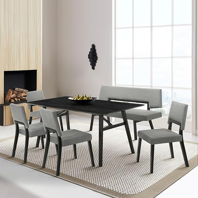 Armen Living Channell Mid Century Modern 6 Piece Black Wood Dining Table Set - Image 2