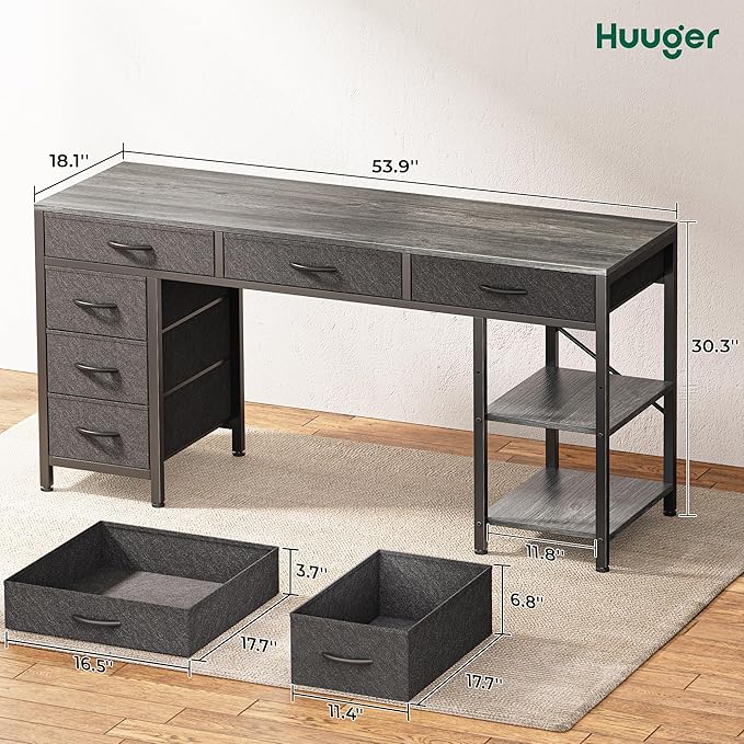 Huuger Computer Desk with 6 Drawers, 47 Inch Office Desk with Shelves, - Image 3