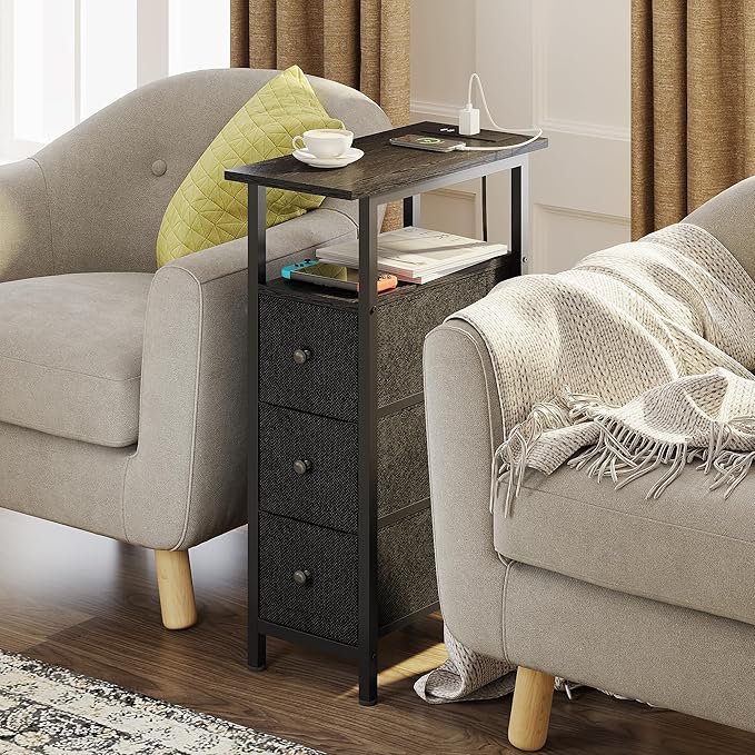 End Table with Charging Station, Narrow Side Table with 3 Fabric Drawers - Image 2
