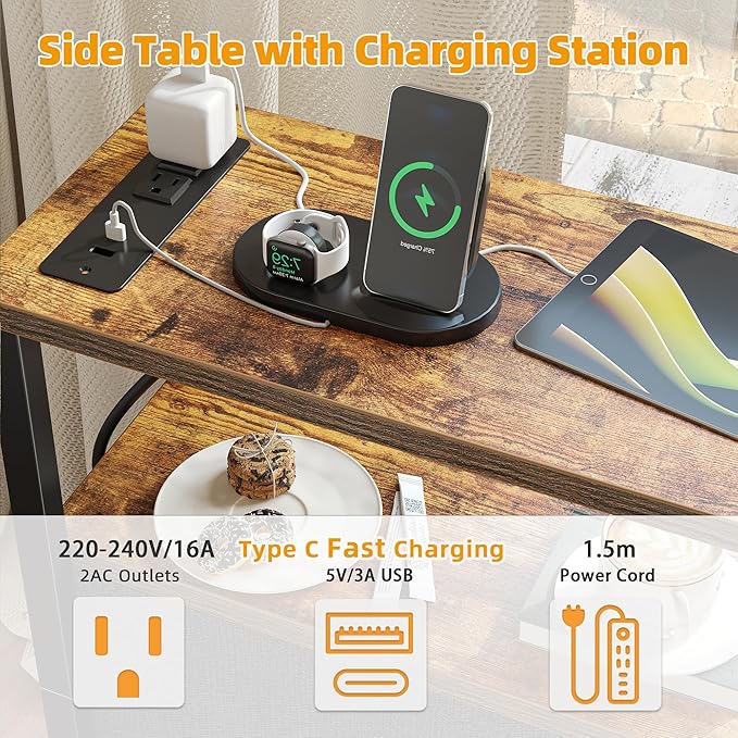 TIQLAB End Table with Charging Station, Narrow Side Table with 2 Fabric Drawers - Image 5