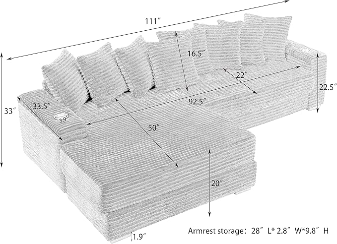 KEIKI 114" Corduroy Sofa with Cup Holders & Storage, L Shaped Sleeper Cloud - Image 3