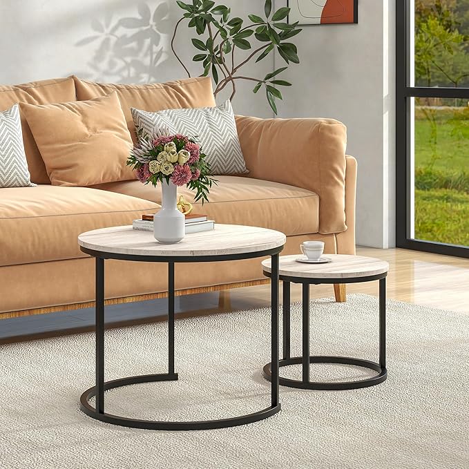 Round Coffee Table Set of 2 for Living Room, Nesting Tables Metal Frame/Wood - Image 7