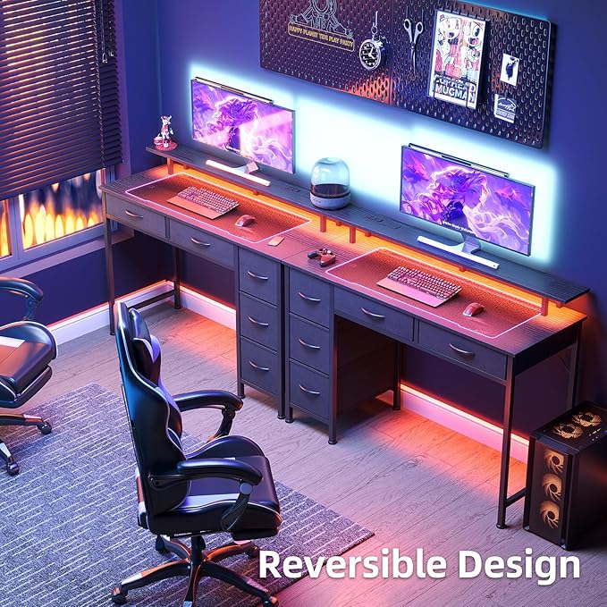 Computer Desk with 5 Drawers, Gaming Desk with LED Lights Power Outlets and - Image 5