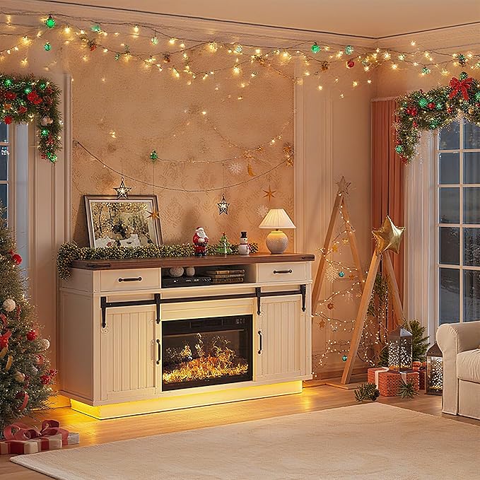 59'' Fireplace TV Stand with 3D Flame Electric Fireplace Heater, Entertainment - Image 5