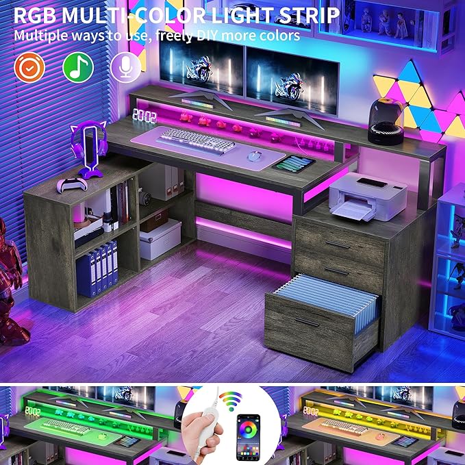 DWVO L Shaped Desk with Drawers, Corner Home Office Desk with Storage Shelves & - Image 3