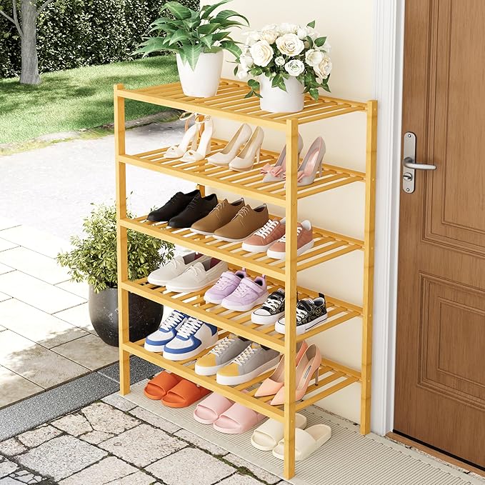 Smiry Shoe Rack, 5 Tier Thick Bamboo Shoe Organizer, Stackable Free Standing - Image 7