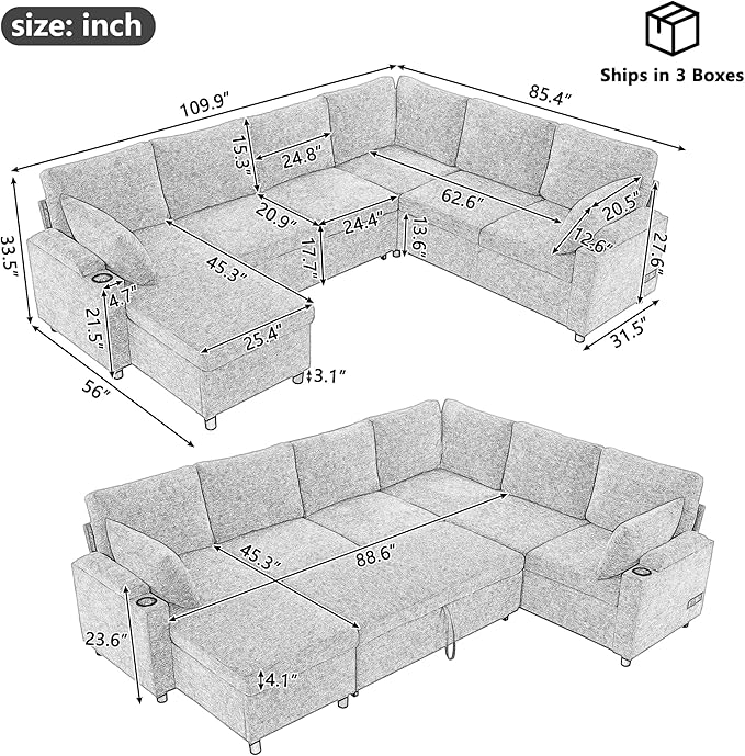 Eafurn Oversized U Shaped Sectional Sleeper Sofabed Pull Out Couch Bed - Image 2