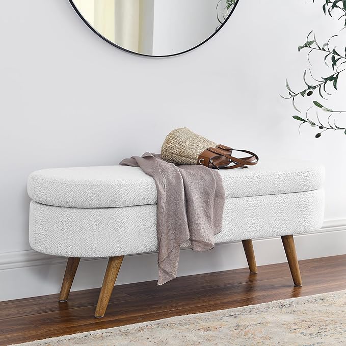 Oval Storage Bench 43.5" Linen Fabric Upholstered Entryway Bench - Image 7