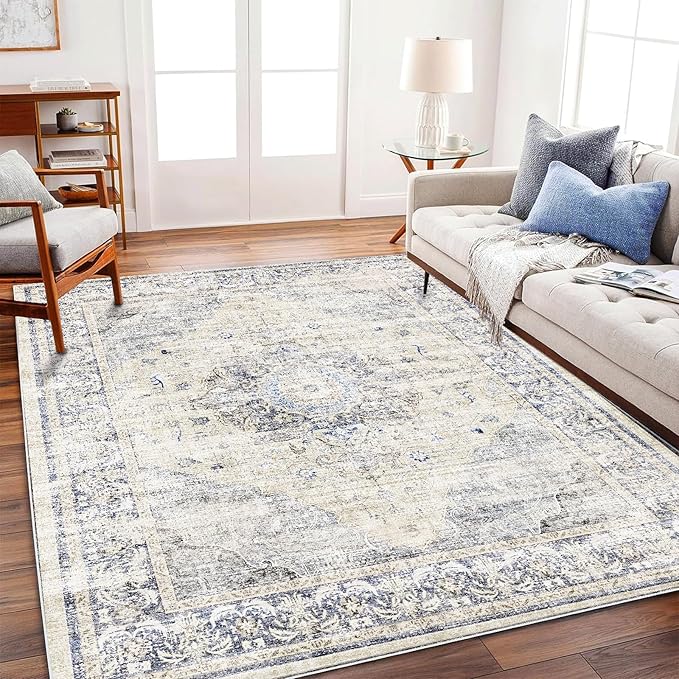 Area Rug 5'x7' Washable Rug Floral Blue Vintage Traditional Floor Cover Thin by CHAMPLANT