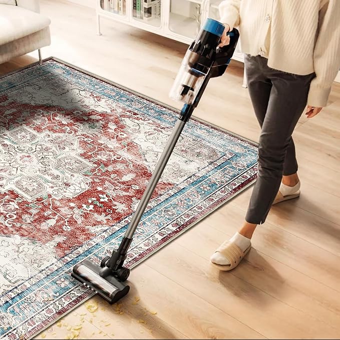 Washable Area Rug 10'x14' Red Blue Retro Flowers Boho Design Non-Shedding Easy - Image 3