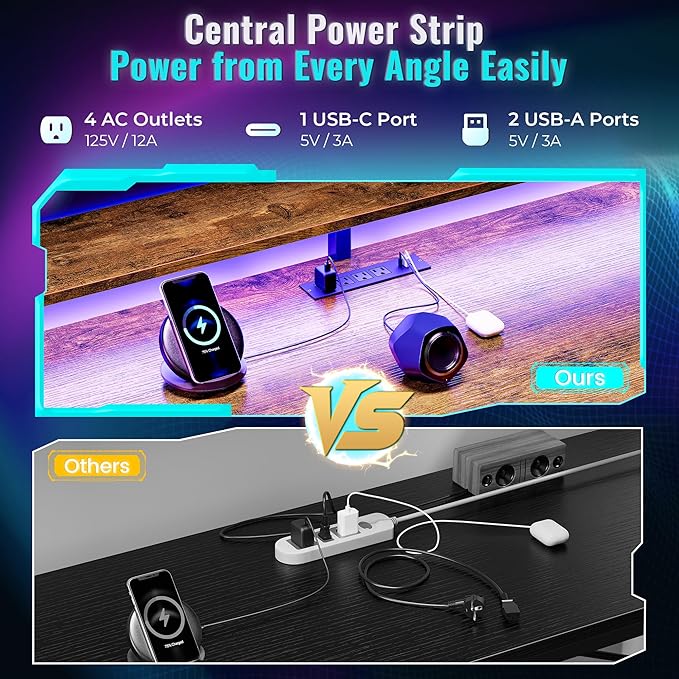 PRAISUN 61.7" Gaming Desk with LED Lights & Outlets, Computer Desk with 3 - Image 4
