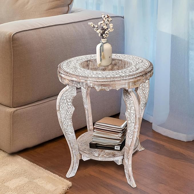 The Wooden Town Farmhouse Round Accent End Table, Rustic Side Table Nightstands - Image 2